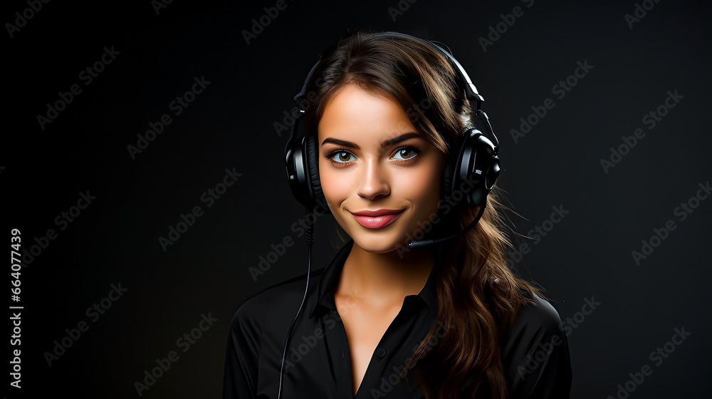 Attractive girl with headphones. Dark background. Attractive girl with headphones. Dark background.