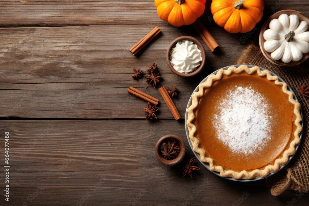 Fototapeta premium Top view of pumpkin pie preparation. Homemade traditional dessert for thanksgiving and halloween