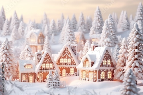 a gingerbread houses in a snowy forest
