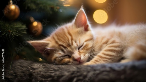 Portrait of a little ginger kitty kitten fluffy domestic cat sleepping next to the Christmas tree fir branches. Magic Christmas night with garland lights. New Year Eve and Merry Christmas holiday © Irina