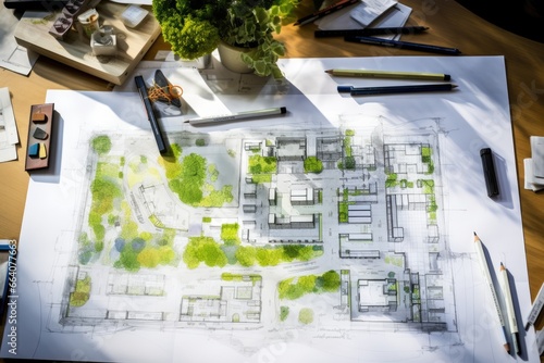 Architectural plans with landscape design on the desk. Top view