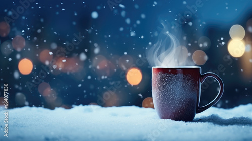 A mug with a hot drink stands in the snow against the background of night lights. Cozy atmosphere