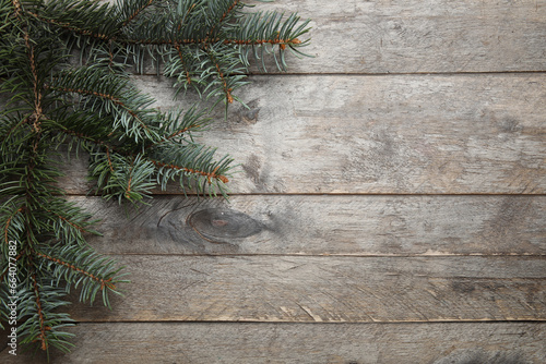 Beautiful fir branches on brown wooden background