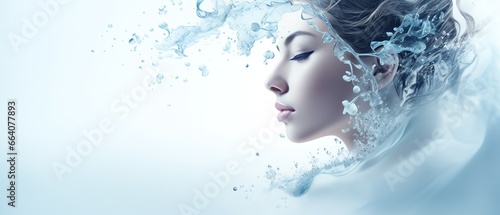 a woman's face with water splashing out of her hair
