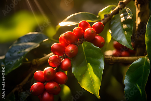Coffee beans ripening on a branch of coffee tree photo