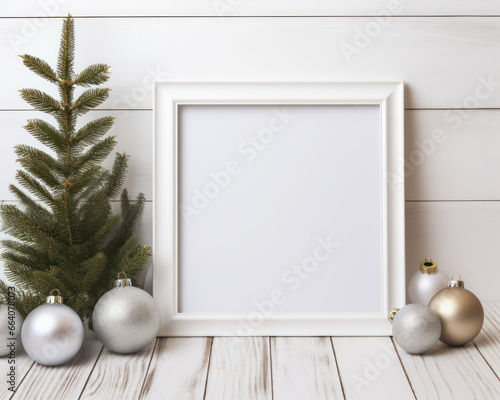 Mockup blank white picture frame on cozy Christmas decoration background, Empty canvas template on white wooden table. Generative AI