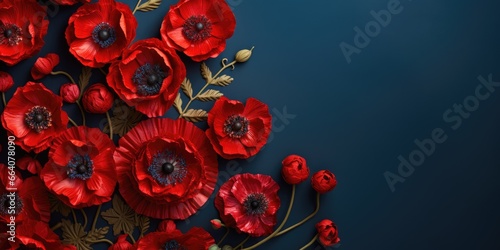 Banner with red poppy flowers on blue background, symbol for remembrance, memorial, anzac day