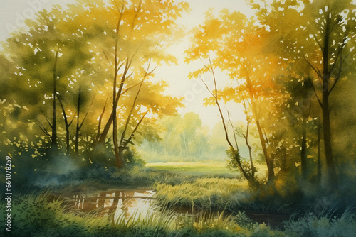 Nature's Brilliance: Sunburst Through Trees in Watercolor