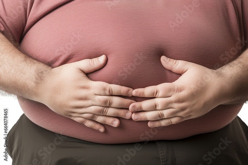 Man hand touching his fat belly on a light background, fat man, obesity, fat man touching his belly, unhealthy concept, obesity or unhealthy banner