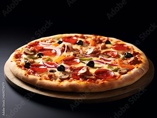 a pizza with different toppings on a wooden plate
