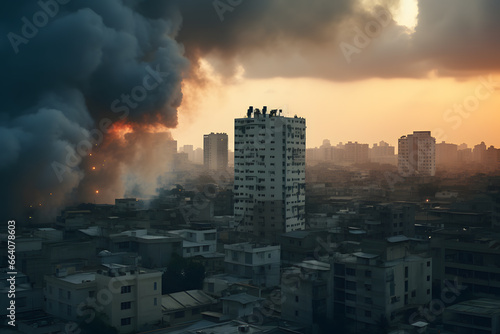 Aerial view of burning buildings in the city at sunset time
