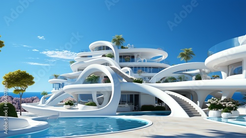 a white building with a pool and palm trees © ion