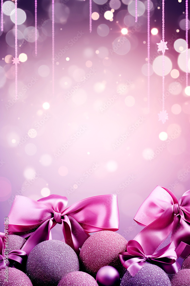 Fototapeta premium Christmas balls, new year background, heap of purple glitter baubles on magic bokeh background with copy space. Winter holidays festive greeting card.