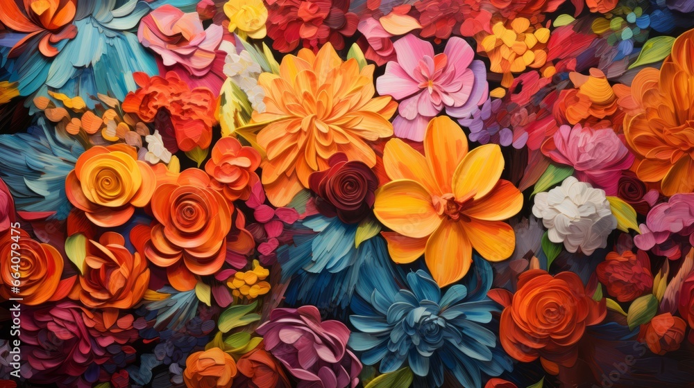 Painting with different colored flowers.