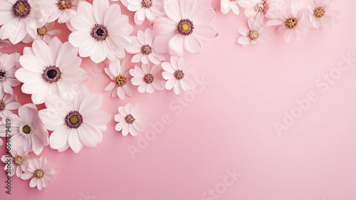 white and pink flowers on pink background. top view.