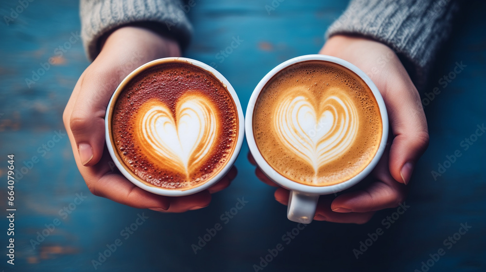coffee cup and coffee beans on the wooden table, selective focus, top view coffee cup and coffee beans on the wooden table, selective focus, top view