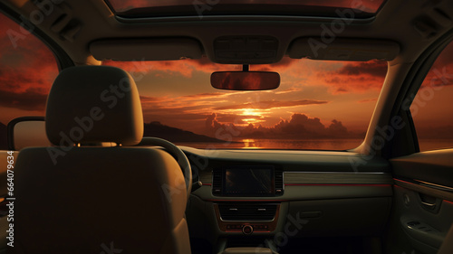  car driving through a beautiful sunset