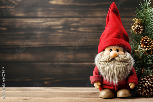 Handcrafted Christmas gnome figurine near fir tree with cones on table against dark barn wood boards wall background with copy space. Scandinavian winter decoration, nordic dwarf with red hat. photo