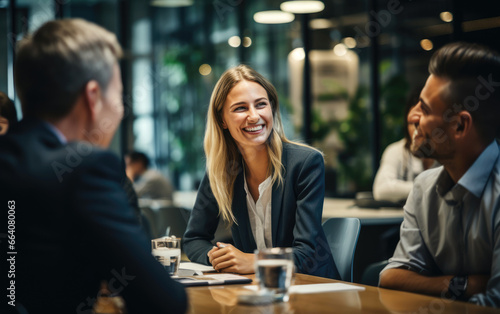Group of people discussing and smiling at work in an office
