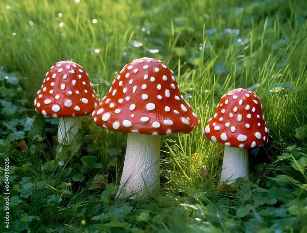 Obraz premium Amanita mushrooms in forest, generative ai.