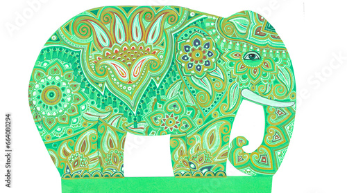 Green elephant hand drawn with delicate oriental designs for ethnic Indian design.