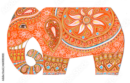 Orange elephant hand drawn with delicate and subtle oriental designs for ethnic Indian design.