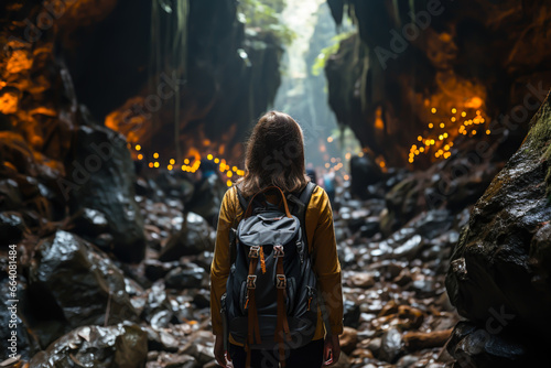 a girl hiking in a cave