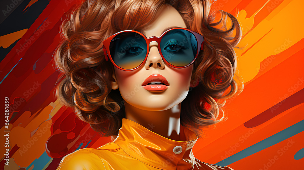 Portrait of a woman in sunglasses on an orange background, in the style of realistic hyper-detailed retro rendering