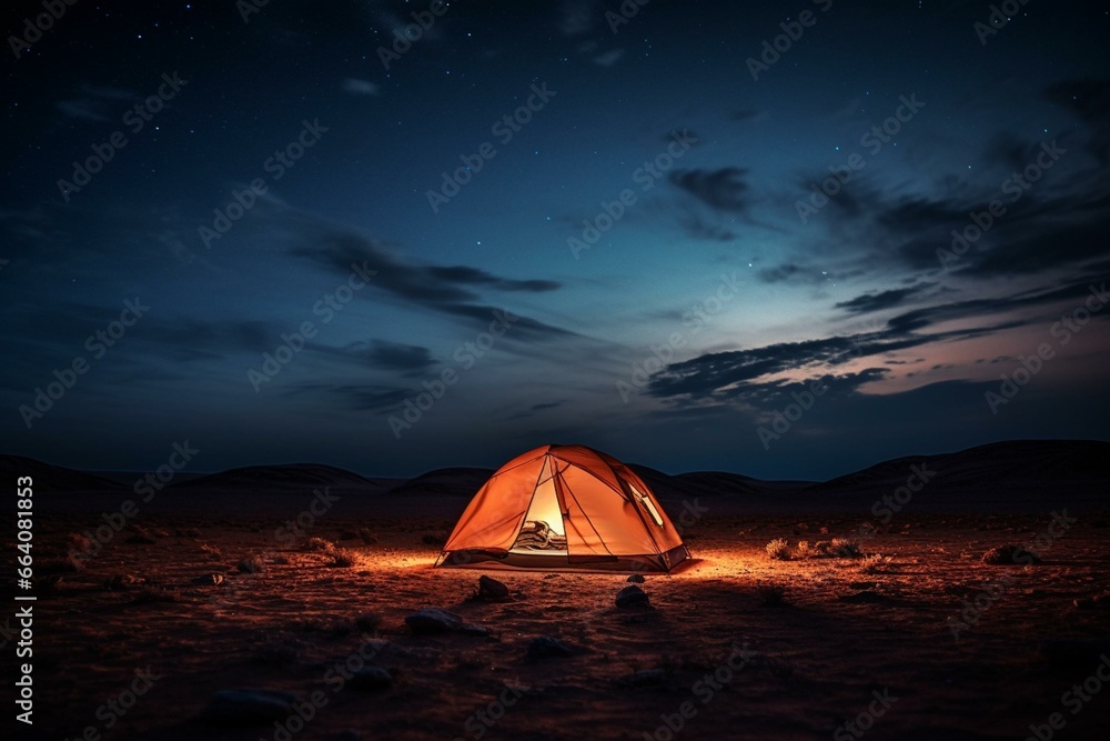 An image featuring a tent in a desert during nighttime. Generative AI