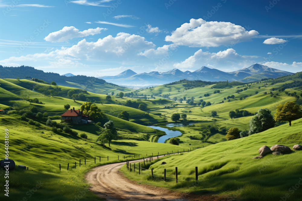 A peaceful countryside landscape, featuring rolling hills and a charming farmhouse under a clear blue sky. Concept of rural idyll. Generative Ai.