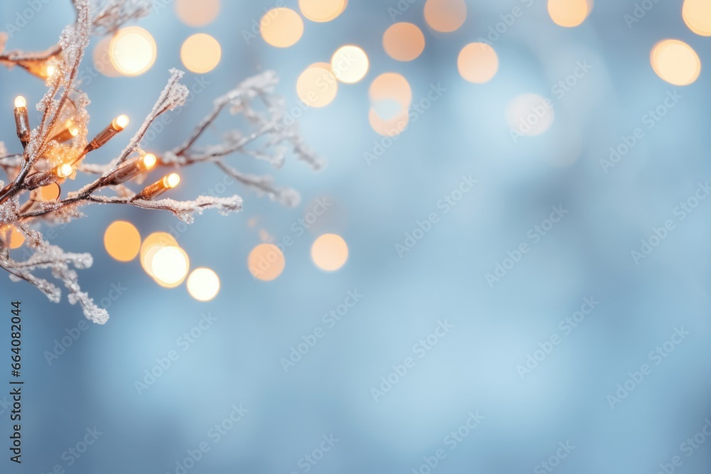 Winter blue banner. warm light of bokeh garland. Christmas tree branch. Postcard. Background. Wallpaper. Place for text