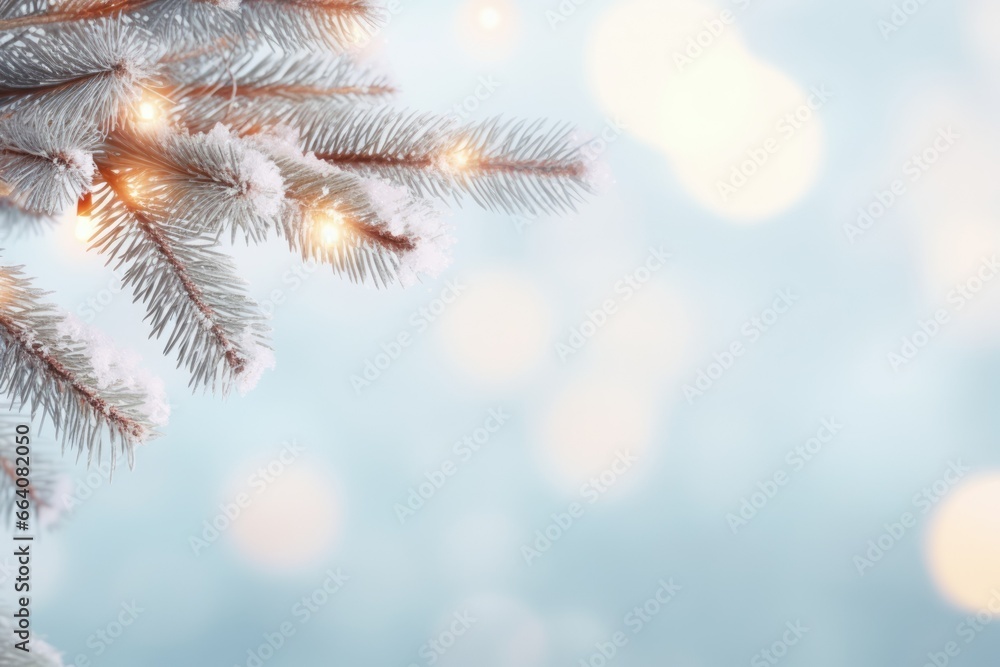 Winter blue banner. warm light of bokeh garland. Christmas tree branch. Postcard. Background. Wallpaper. Place for text Winter blue banner. warm light of bokeh garland. Christmas tree branch. Postcard. Background. Wallpaper. Place for text