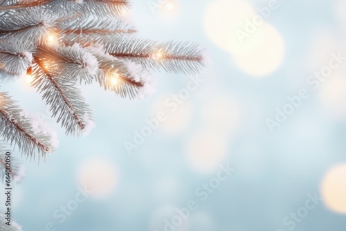 Winter blue banner. warm light of bokeh garland. Christmas tree branch. Postcard. Background. Wallpaper. Place for text
