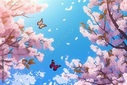 Background of beautiful cherry blossoms, butterflies, and blue sky in the springtime. Generative AI