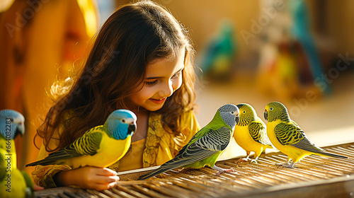 Petit fille jouant avec des oiseaux et perruches photo