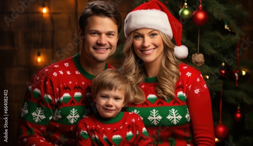 Family in Christmas sweaters. mom, dad, child. New Year family holiday