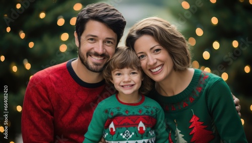 Family in Christmas sweaters. mom, dad, child. New Year family holiday photo