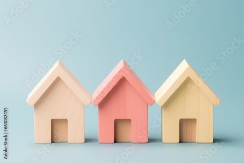 wooden toy houses on a pastel background. real estate