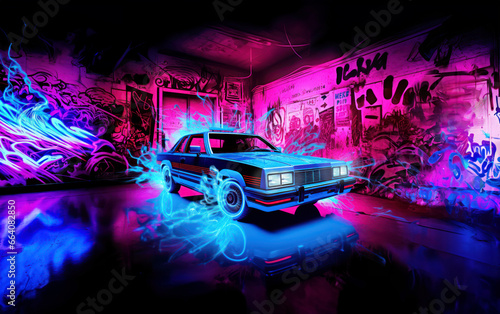 Retro old car in a grungy graffiti covered room with a neon retrofuturistic effect