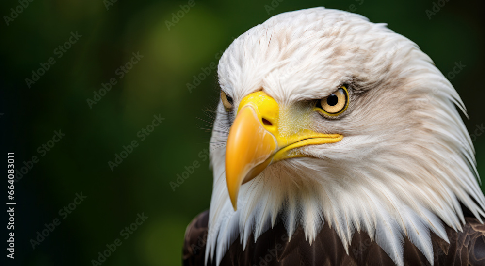 Obraz premium Eagle with keen gaze. Wild bird. On green background with copy space. Close up of bald eagle intense gaze. Design for poster, banner, landing page, presentation, cover, stationery, scientific journal.