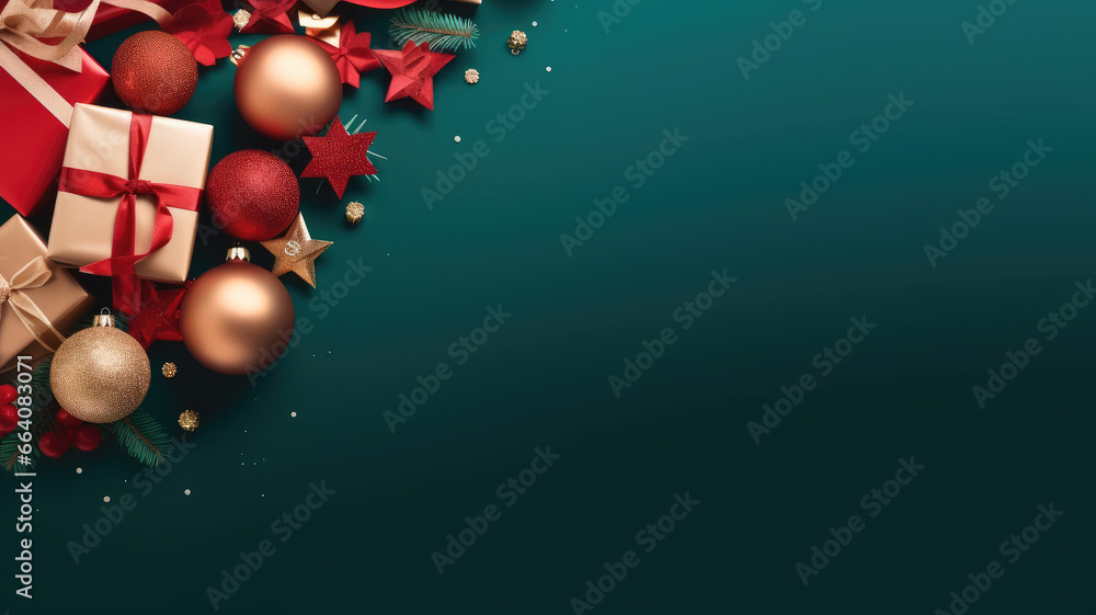 Merry Christmas red and gold balls, gift box, snow, xmas decoration, New Year banner, flat lay dark green background with copy space - obrazy, fototapety, plakaty 