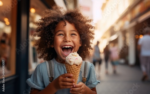 Kid girl happily eating a cone ice cream