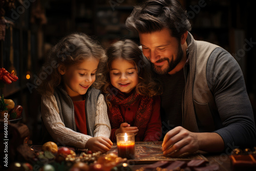 A family decorating their home with candles and traditional St. Lucia's Day symbols, creating a warm and inviting atmosphere. Generative Ai.
