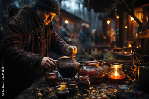 A group of friends preparing traditional Swedish mulled wine, known as "glogg," for a St. Lucia's Day celebration. Generative Ai.