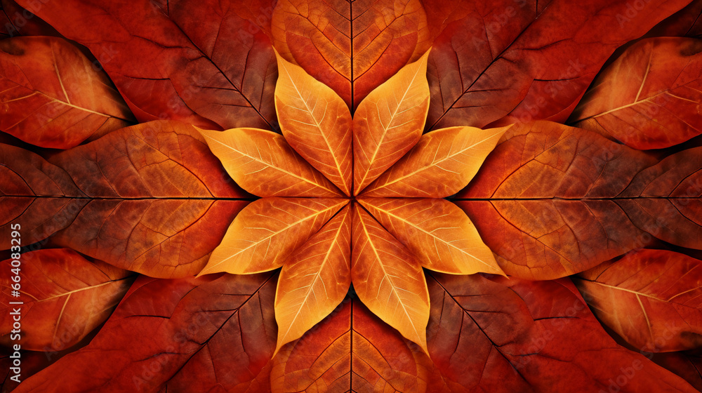 Autumn leaves kaleidoscope pattern, realistic, lush red and orange hues