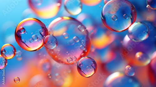 Colorful soap bubbles floating on vibrant background, resembling water droplets or oil bubbles suspended underwater. Creates captivating abstract backdrop for wallpaper, presentation, banner, poster.