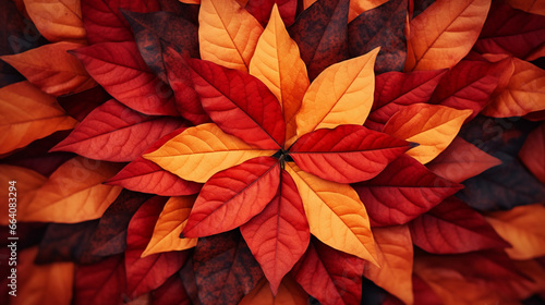 Autumn leaves kaleidoscope pattern, realistic, lush red and orange hues © Marco Attano