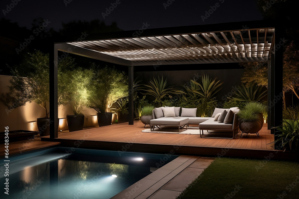 Fototapeta premium luxury swimming pool in modern garden with clean lights and green plants in the background created with Generative AI