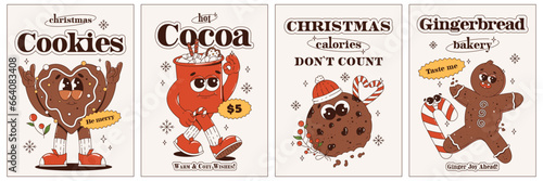 Christmas retro groovy posters set with food. Gingerbread man, ginger cookies, hot cocoa. Cookie bakery. Mascots of sweets. Merry Christmas and happy new year. Vector illustration. 