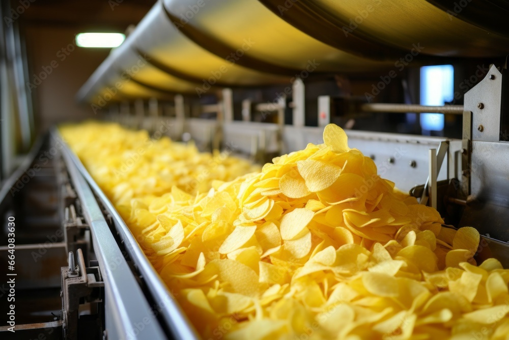 Chips factory. Production conveyor line. Background with selective focus and copy space Chips factory. Production conveyor line. Background with selective focus and copy space